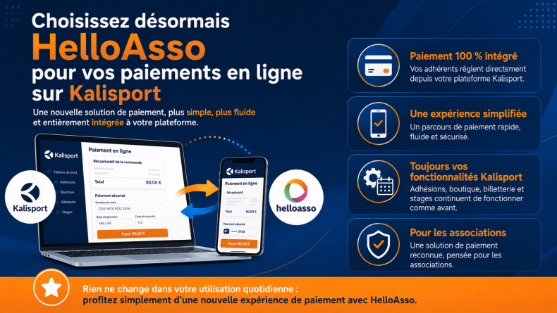[EVOLUTION] Choisissez désormais HelloAsso pour vos paiements en ligne sur Kalisport